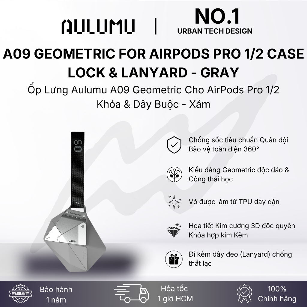 [No.1 Urban Tech Design] Ốp AirPods Pro 2/1 Aulumu A09 Geo Case | Khóa Zinc Alloy | Dây Lanyard |Sạc