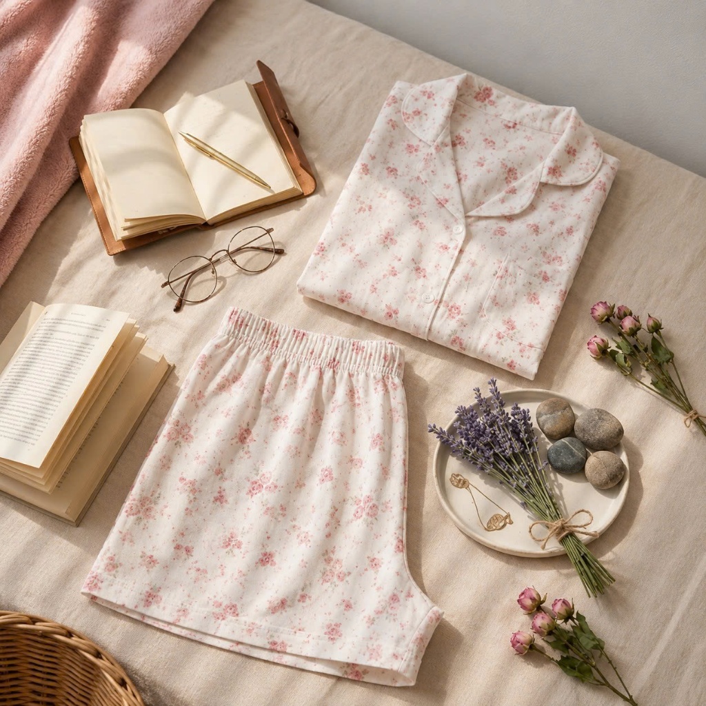 REDi Pijamas Đũi Cotton Hoạ Tiết Hoa Đỏ Nhí, Pijamas Đũi Cotton Mềm Mại, Pijama Mặc Nhà Thoải Mái