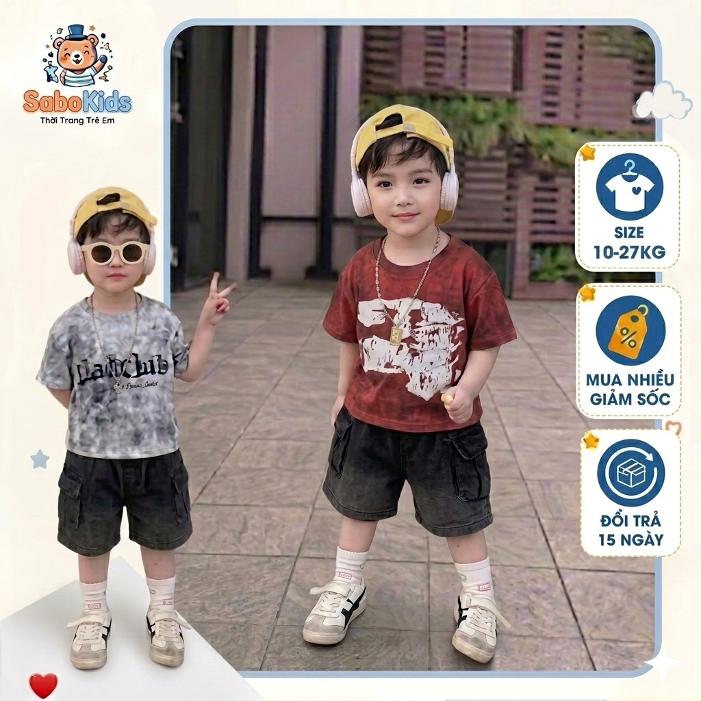 Bộ Loang Bé Trai Đậm Chất Streetwear, Sét Đồ Hiphop Cực Ngầu(Áo Phông Tie Dye + Quần Short Jean Túi)
