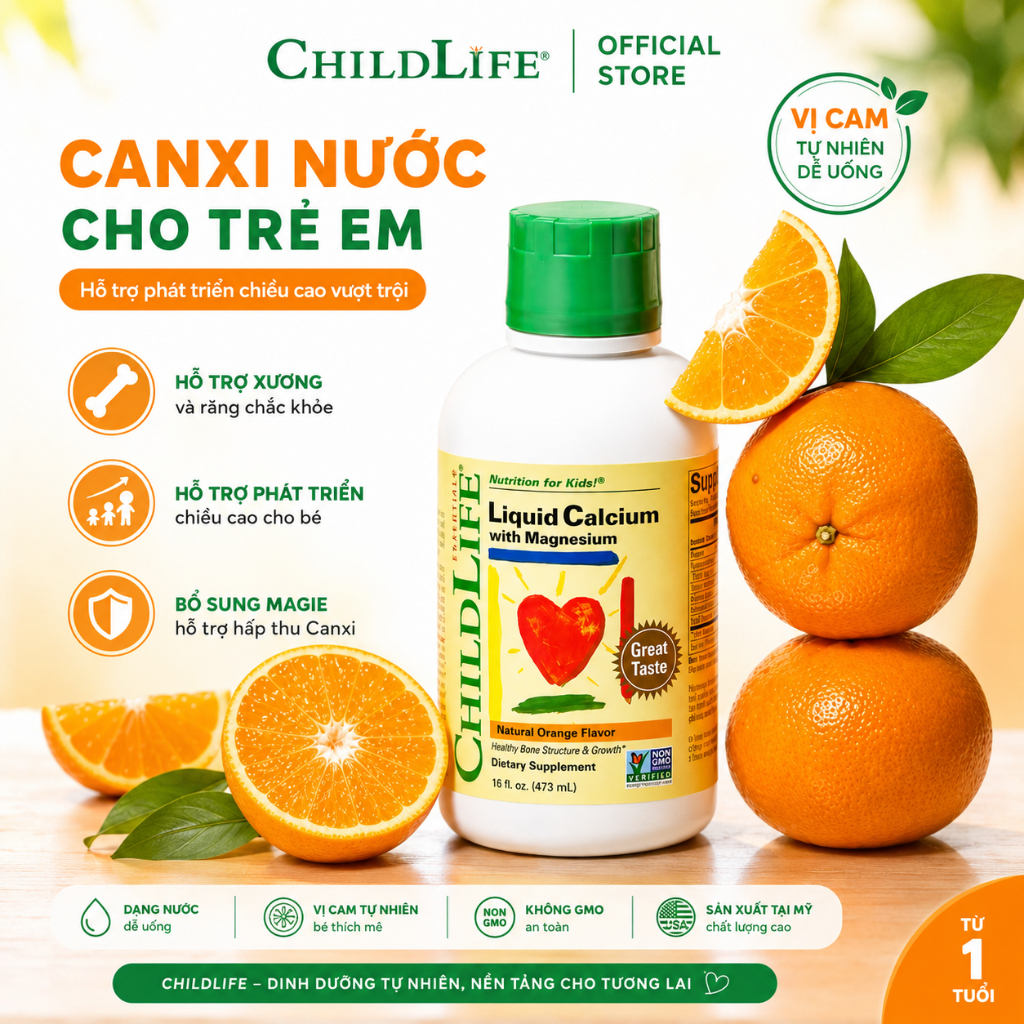Liquid Calcium ChildLife cung cấp canxi, magie, kẽm và Vitamin D3 cho bé (473ml)