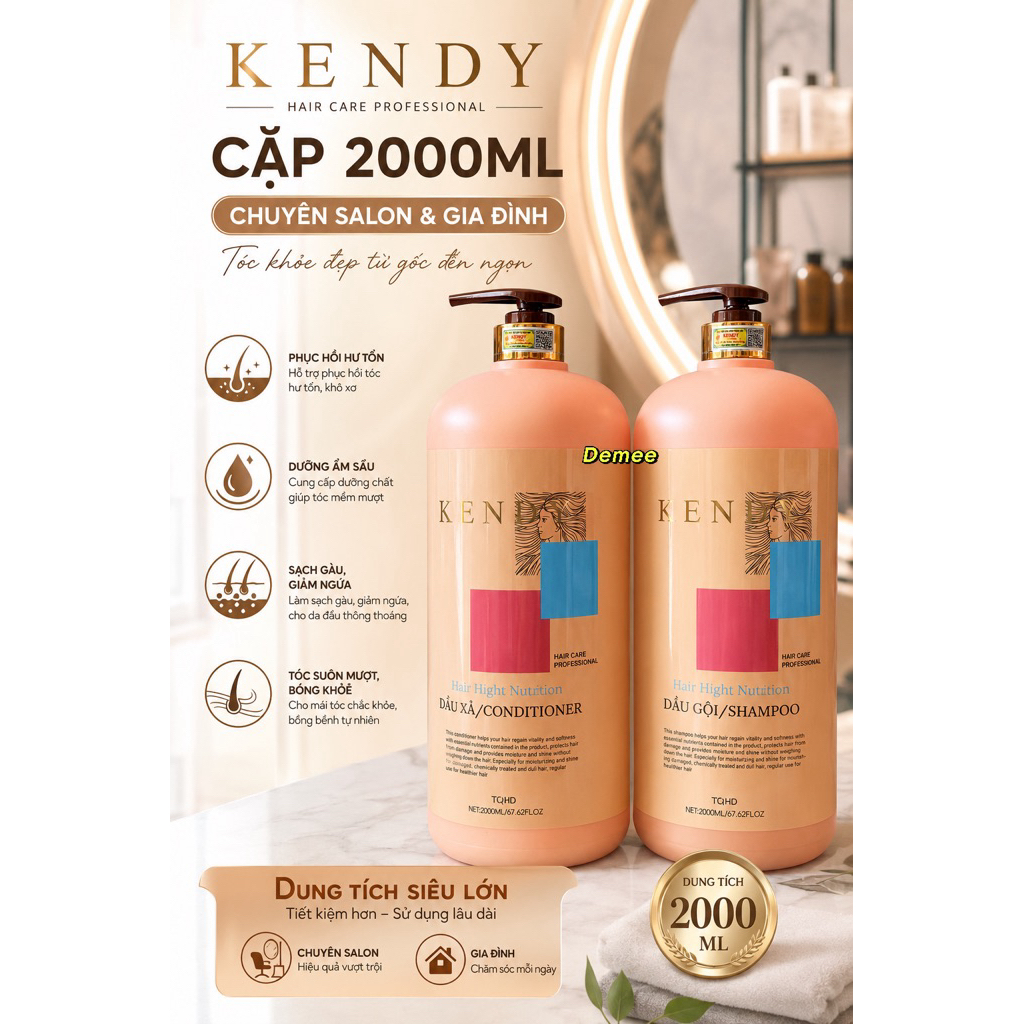 Cặp Gội Xả KENDY 2000ML Mềm Mượt Phục Hồi Tóc Hư Tổn Giảm Gãy Rụng Cho Salon & Gia Đình