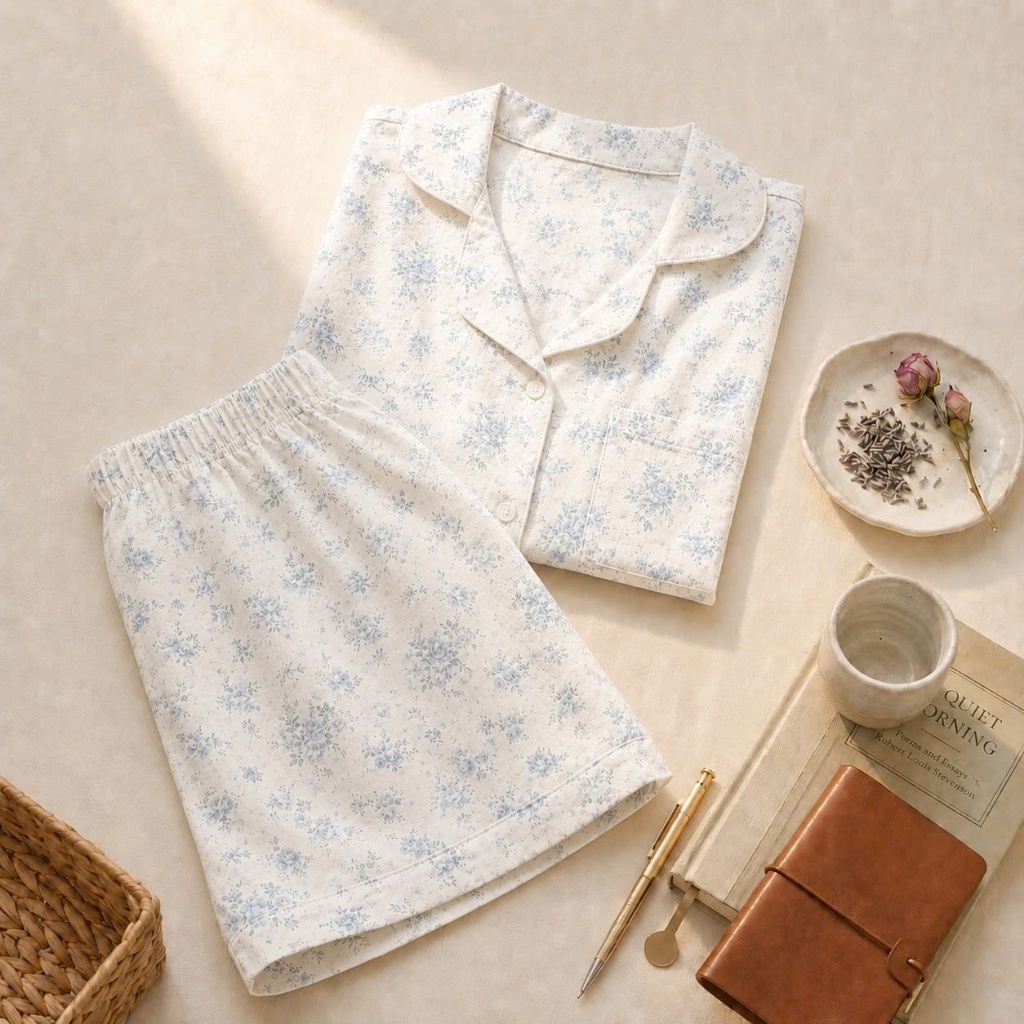 REDi Pijamas Đũi Cotton Hoạ Tiết Hoa Xanh Nhí, Pijamas Đũi Cotton Mềm Mại, Pijama Mặc Nhà Thoải Mái