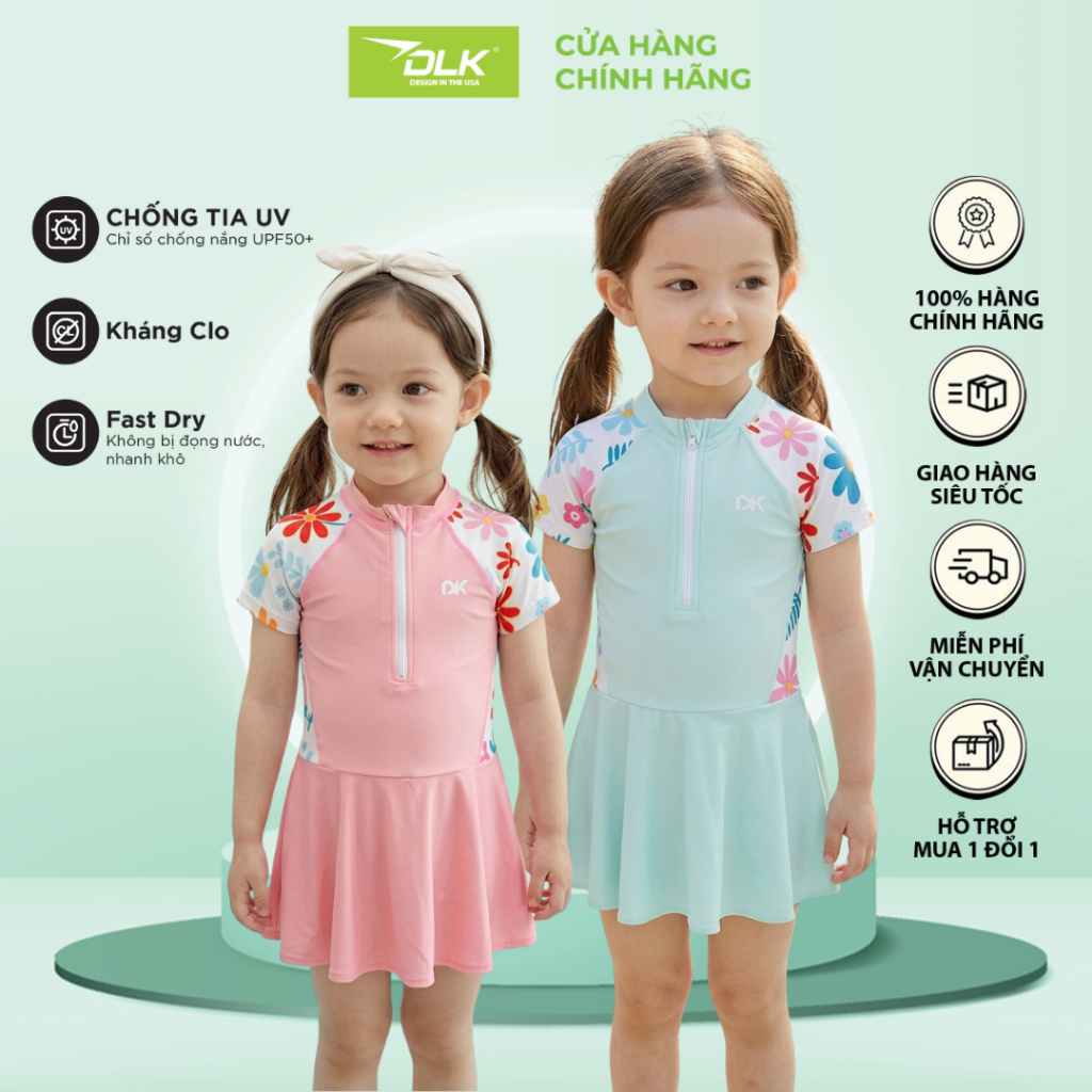 Đồ bơi đầm liền thân bé gái từ 10 - 42kg tay ngắn hoạ tiết hoa lá xinh xắn DLK Kids - Dokki11