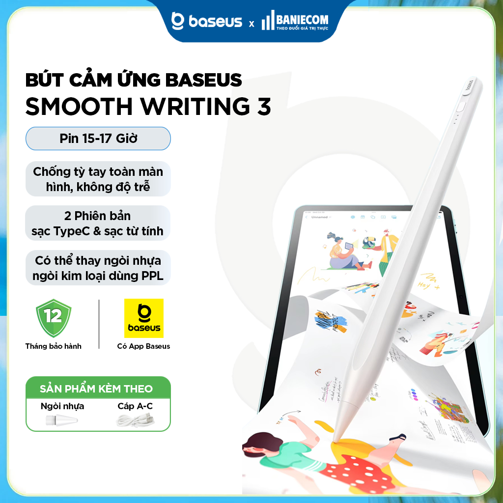NEW 2025 Bút cảm ứng PS052 PS048 BASEUS Smooth Writing 3 TypeC Stylus Chống Tỳ Pin 17h Có App