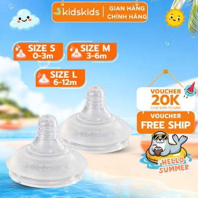 Núm Ty Silicone Cao Cấp Kháng Khuẩn Tự Nhiên An Toàn Cho Bé Yêu bébémarc - Nhiều Size (Set 2 Cái)