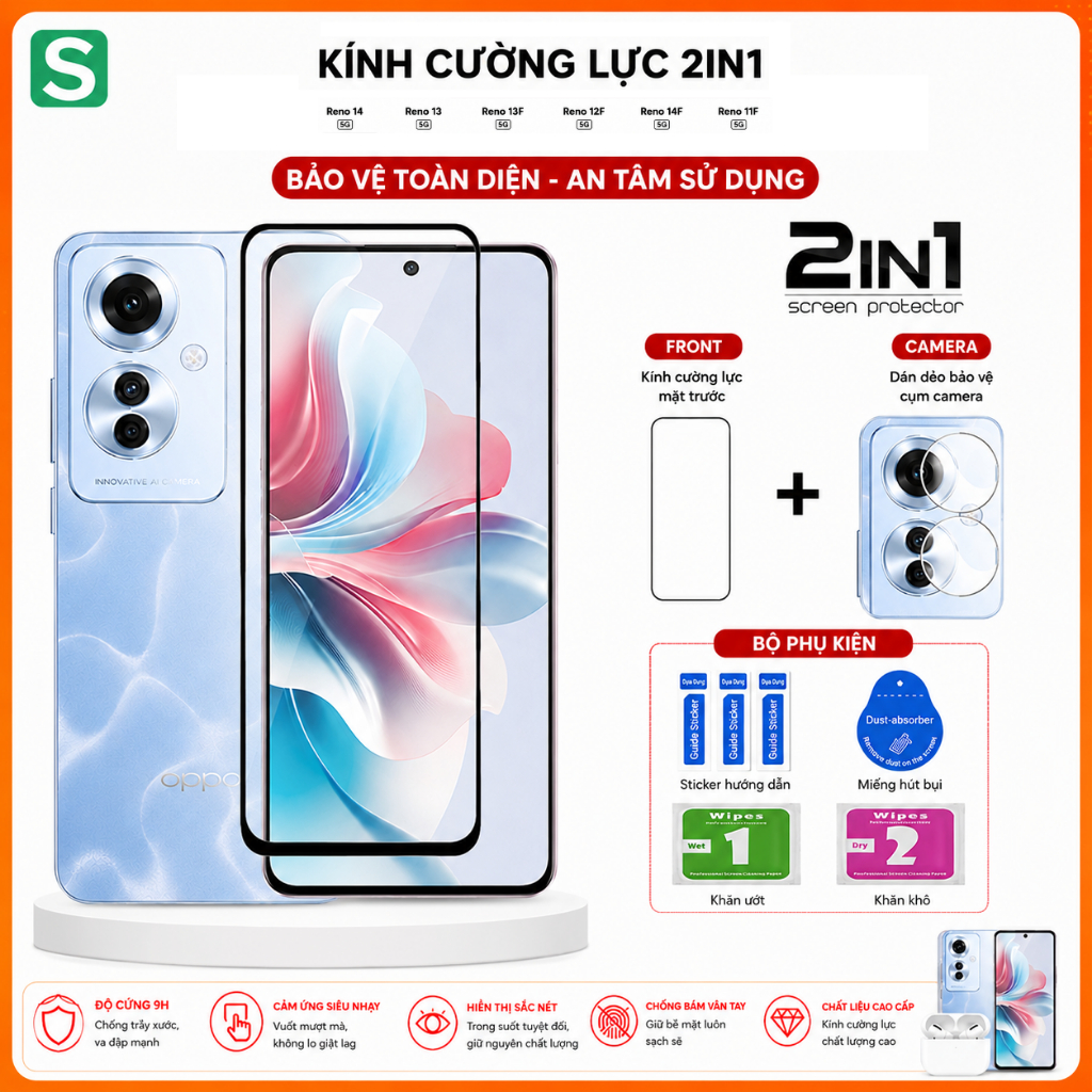 Kính Cường Lực Full Màn Hình Cho Oppo Reno 14 Reno 13 13F 12F 14F Reno 12F Reno 11F 5g + Miếng Dán B