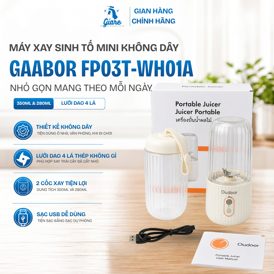 Máy Xay Sinh Tố Cầm Tay Đa Năng Gaabor FP03T-WH01A Sạc Pin Không Dây Mini Nhỏ Gọn Cao Cấp Tiện Lợi