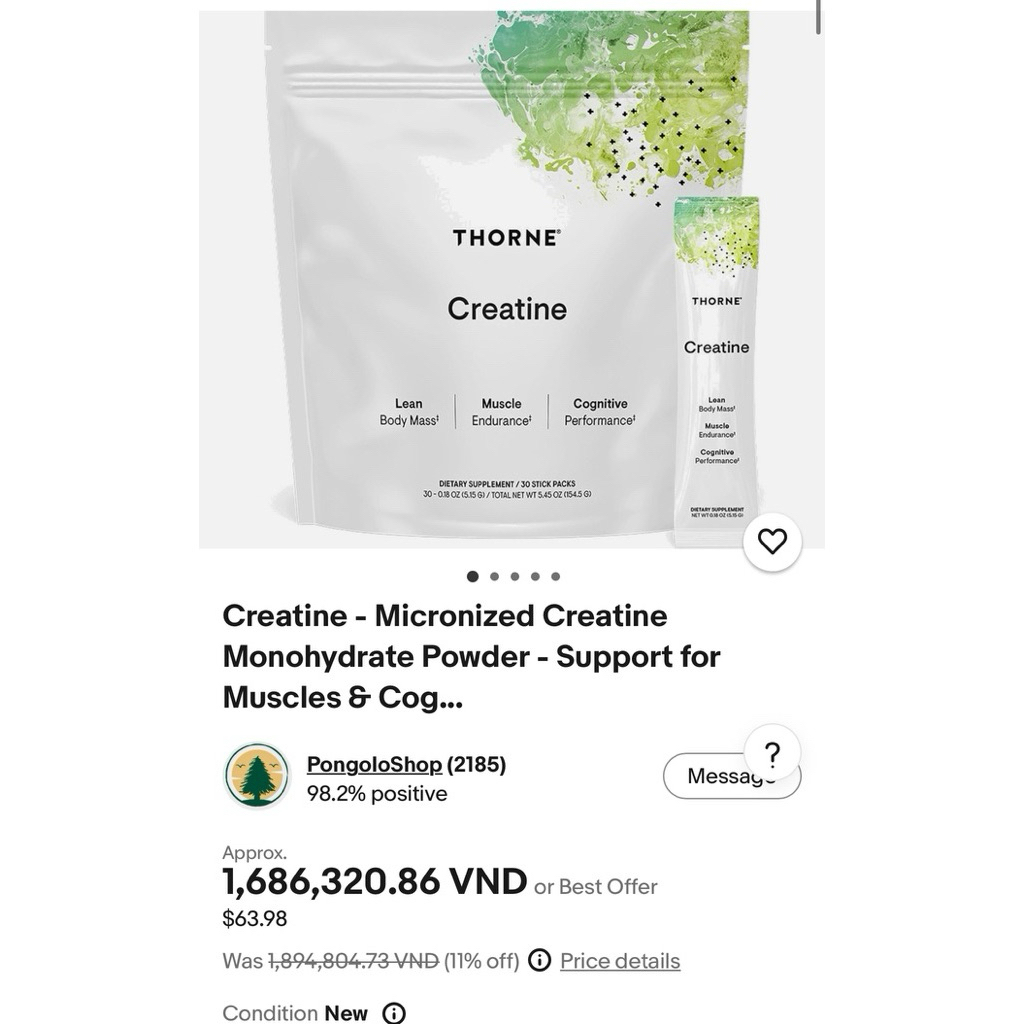 [2027]THORNE Creatine Monohydrate Micronized – Tăng sức mạnh & tập trung, hỗ trợ tập luyện, tăng cơ 