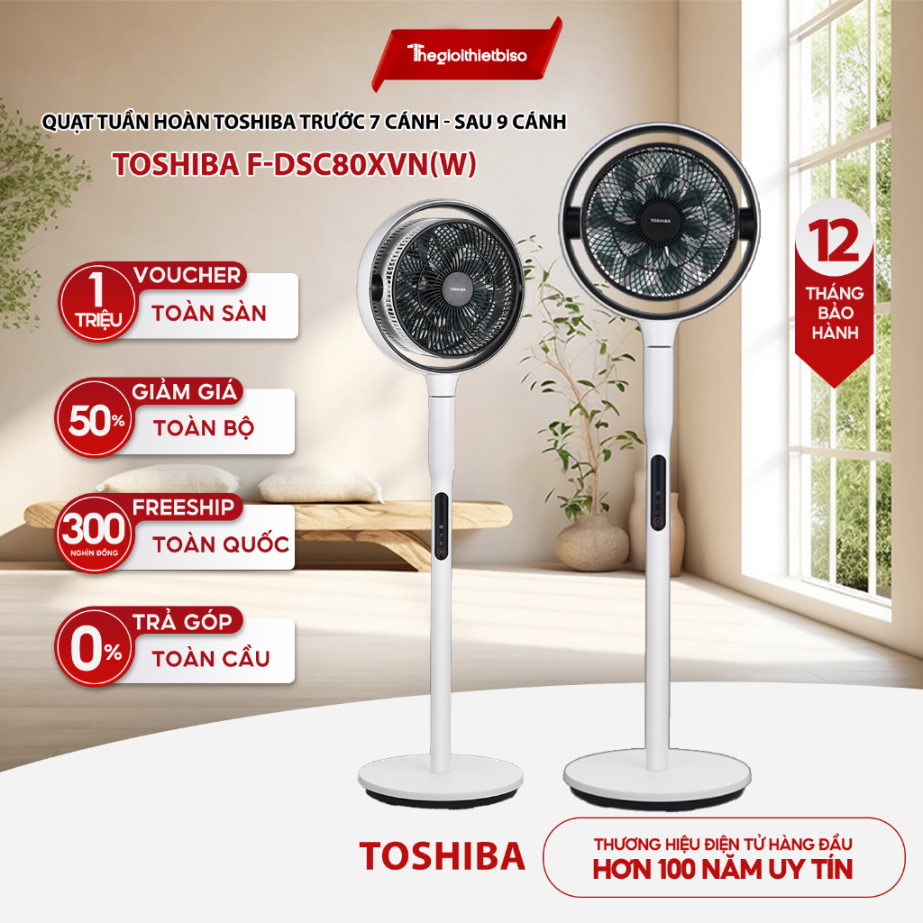 [GIÁ TẠI KHO] - Quạt tuần hoàn Toshiba trước 7 cánh - sau 9 cánh F-DSC80XVN(W) 25W - Bảo hành chính 