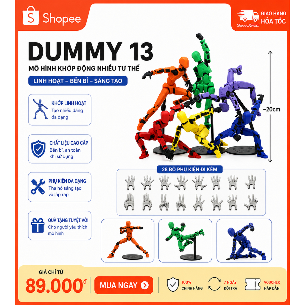 Dummy 13 Khớp Động 20cm – Mô Hình Action Figure Tạo Dáng Nhiều Tư Thế Kèm Phụ Kiện