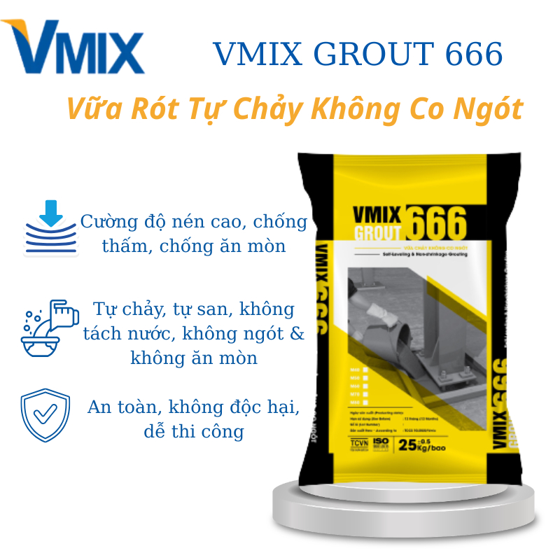 [25Kg] Vữa Tự Chảy Không Co Ngót Vmix Grout 666 Mac 600–Vữa Rót Gốc Xi Măng Tự San Bằng, Chống Thấm 