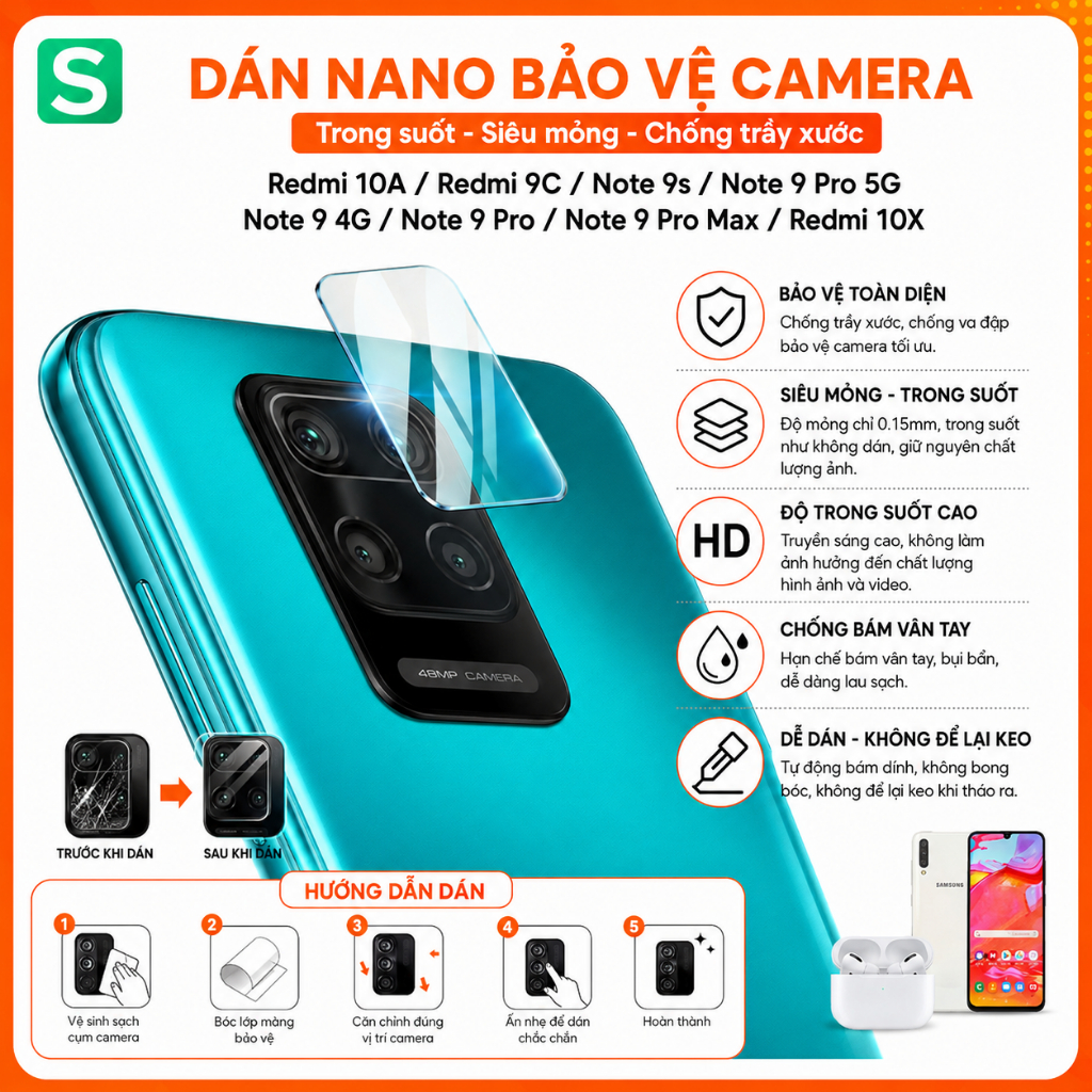 Miếng Dán Bảo Vệ Camera Redmi Note 9S / 9 Pro / Max / Redmi 10A / 9C / 10X - Cường Lực Nano Dẻo Chống Trầy Xước