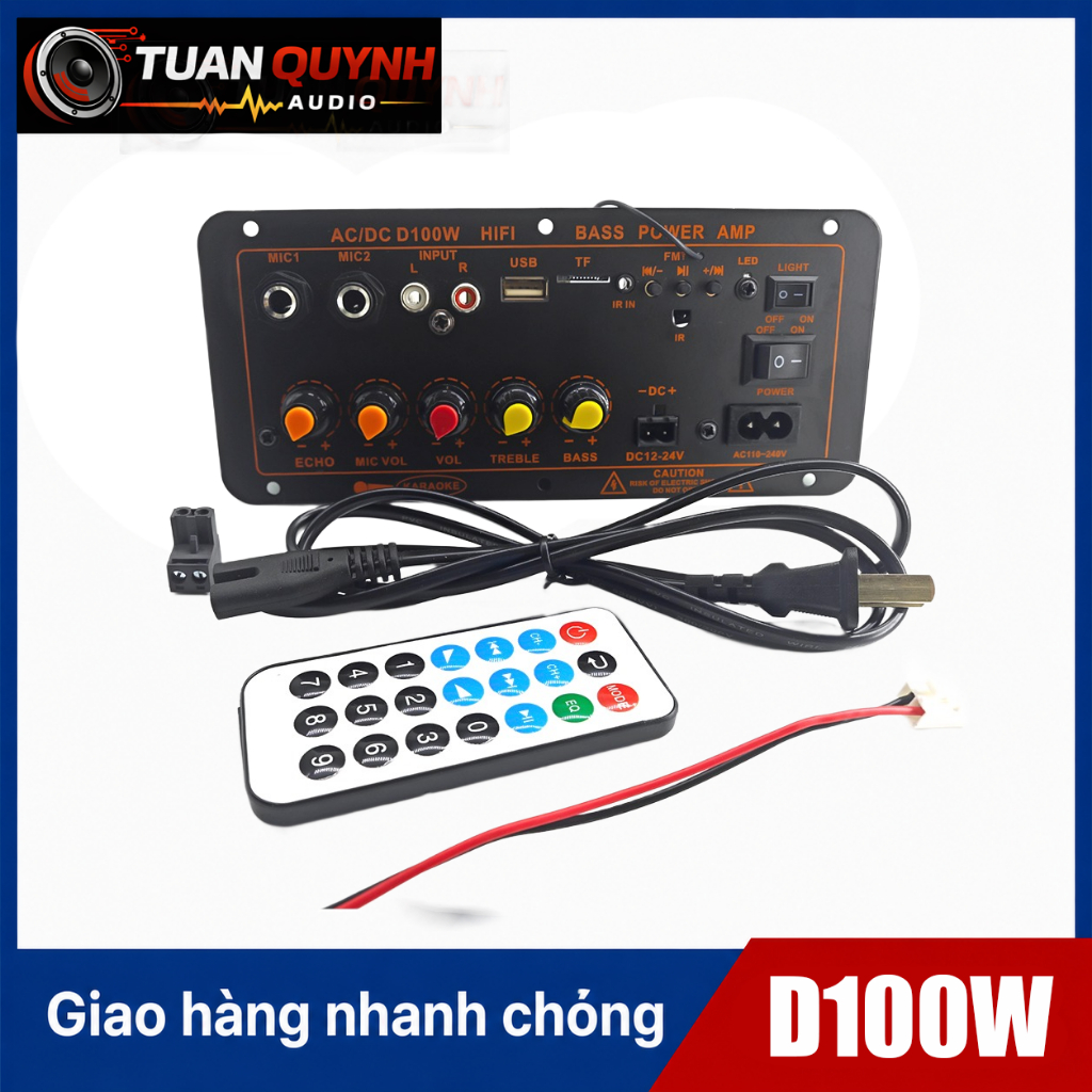 Mạch loa D100 hát Karaoke Bluetooth 5.0 - 300W, có cổng cắm mạch mic không dây, 12V/24V/220V (Tặng k