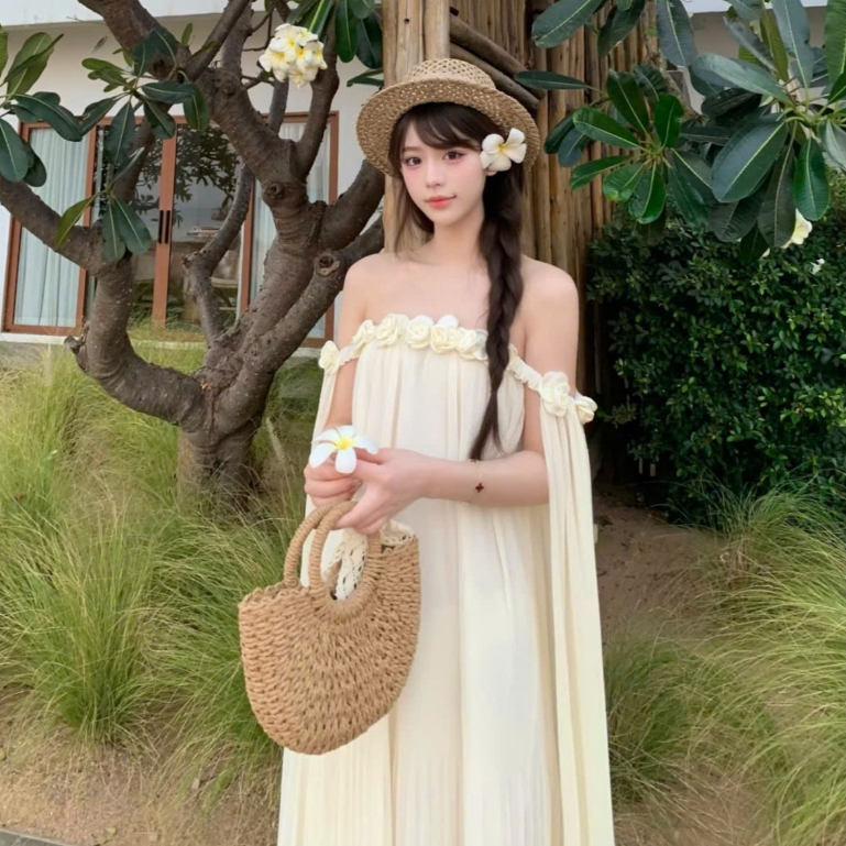 [Có ảnh thật] PAMELA DRESS Đầm midi voan trễ vai đính hoa thanh lịch gợi cảm SAM SAM BOUTIQUE