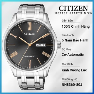 Đồng hồ nam citizen automatic dây thép không gỉ nh8360-80j - mặt đen