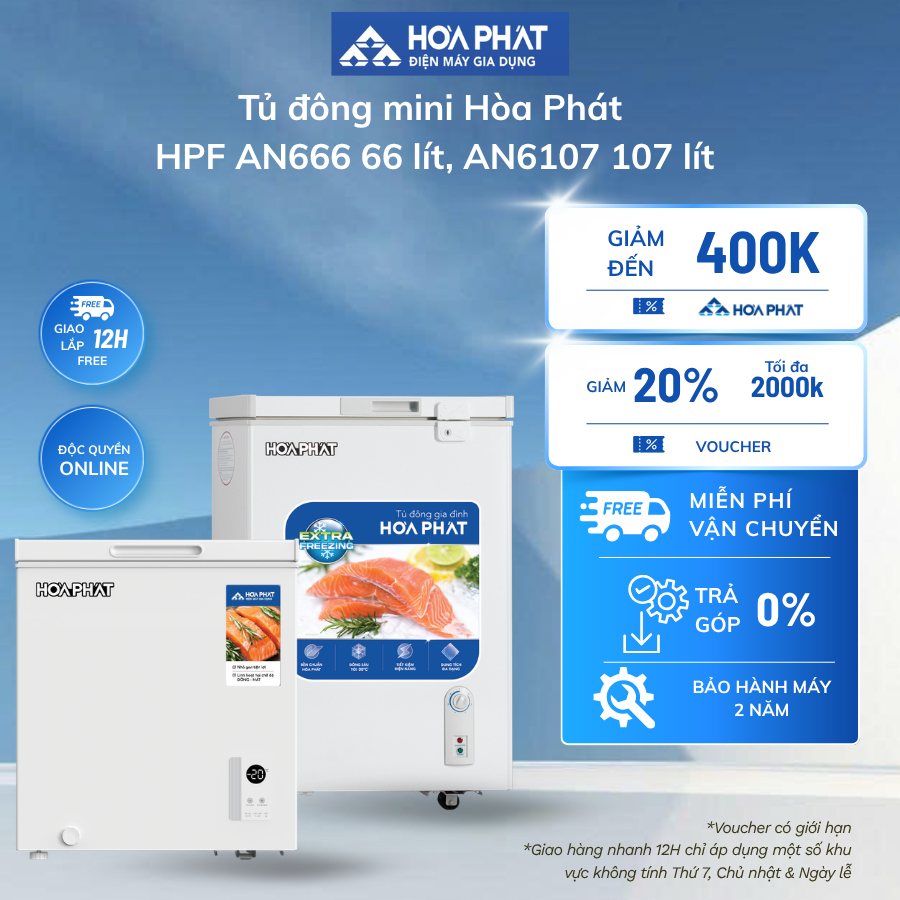 Tủ đông mini Hòa Phát HPF AN666 66 lít /AN6107 107 lít - công nghệ Extra Freezing cấp đông nhanh tới