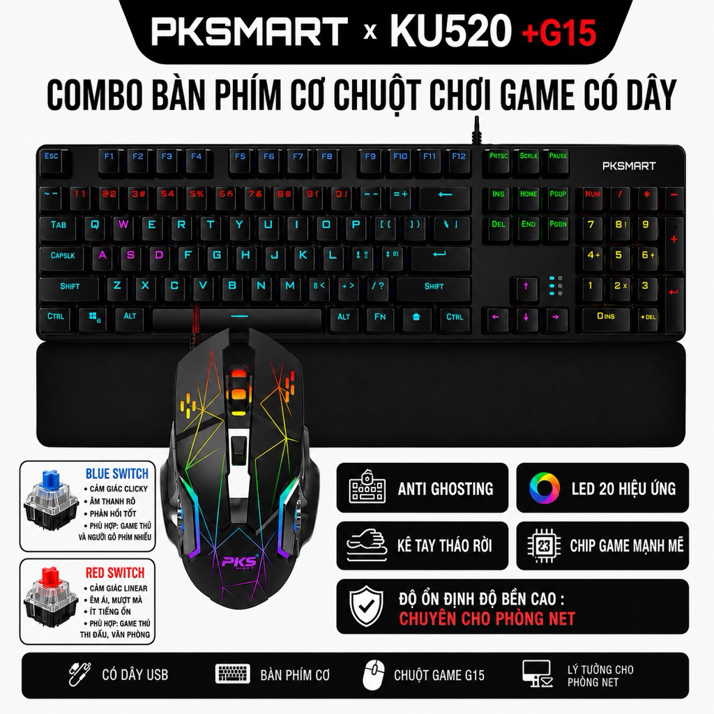 COMBO Bàn Phím Cơ Chuột Chơi Game - PL - SKP 8401 +G15 - LED 20 Hiệu Ứng - BLUE SWITCH - Dùng Cho Má