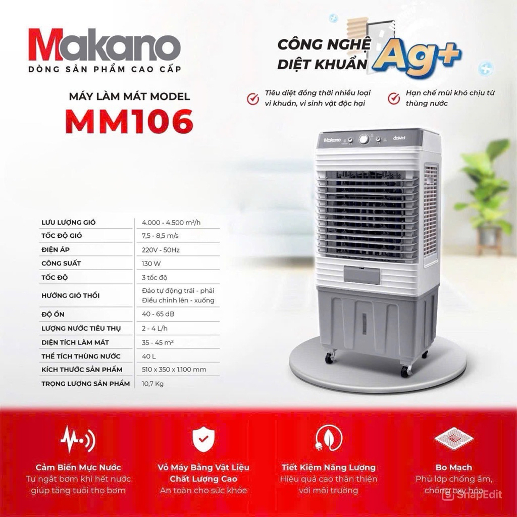 Máy Làm Mát Makano MM106 Chính Hãng | Bình 40L, Tự Ngắt Bơm Khi Cạn Nước