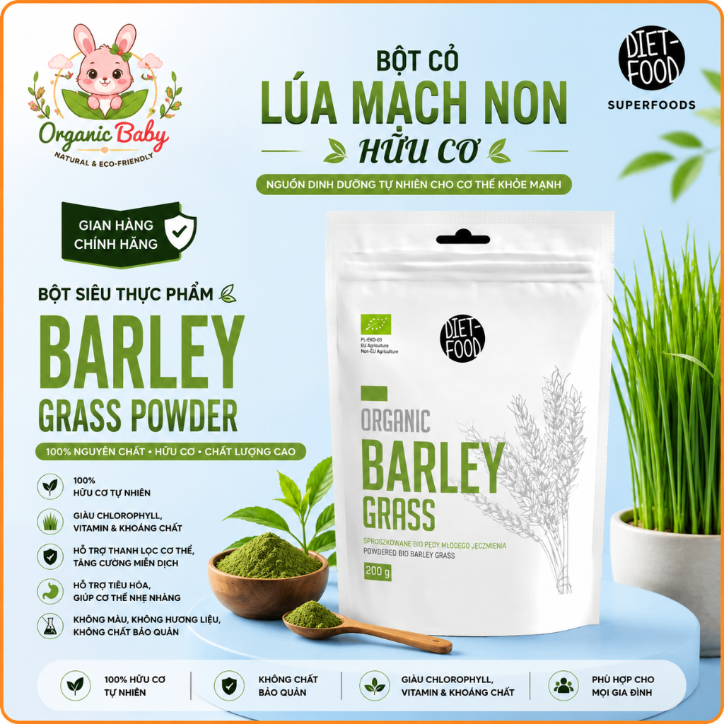 Bột Cỏ Lúa Mạch Non Hữu Cơ Diet Food Organic Barley Grass Powder 200g