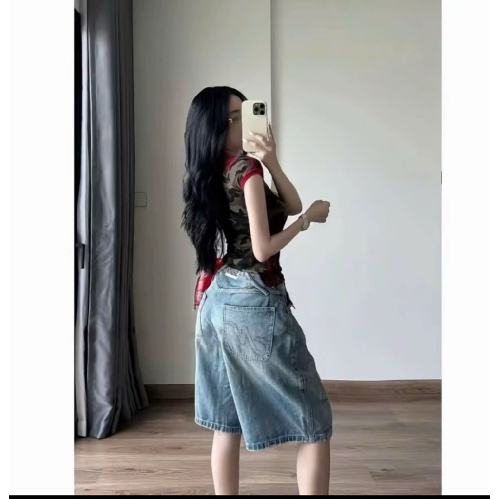 Quần Lửng Jean Nữ Ống Rộng Ngang Gối Hiphop, Quần Short Bermuda Vải Bò Dày Dặn Tag Da Gấu Sau Hot Tr
