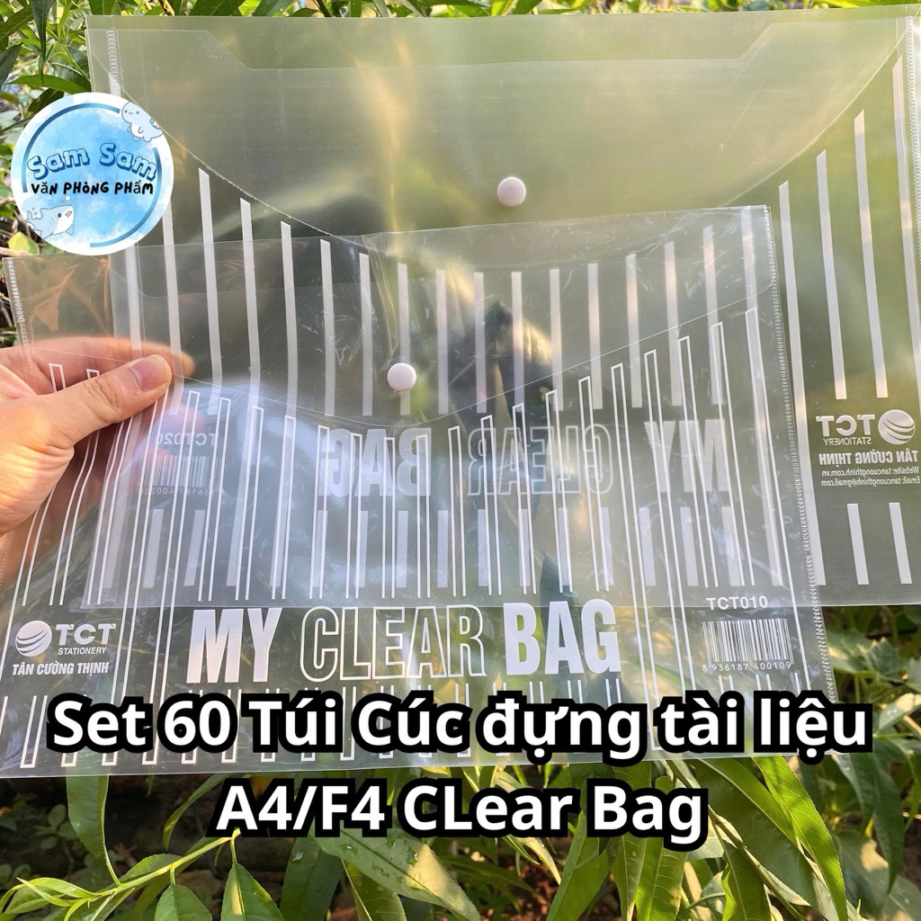 Set 60 Túi Cúc đựng tài liệu A4/F4 CLear Bag Trong suốt , Cúc bấm tiện lợi .