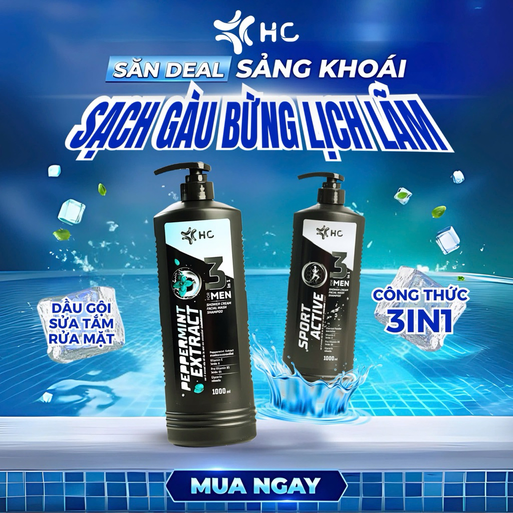 [Chính Hãng] Sữa Tắm Gội Dưỡng Thể HC For Men 3 in 1 Chai 1000ml-480ml Hương Nước Hoa, Chăm sóc sức 