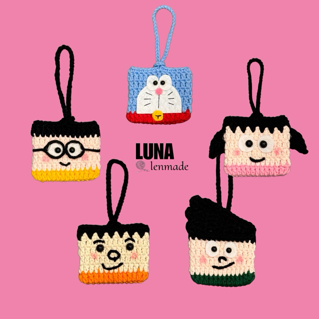 Túi đựng airpod Doraemon bằng len | Móc khoá charm treo túi Doraemon | LUNA.lenmade