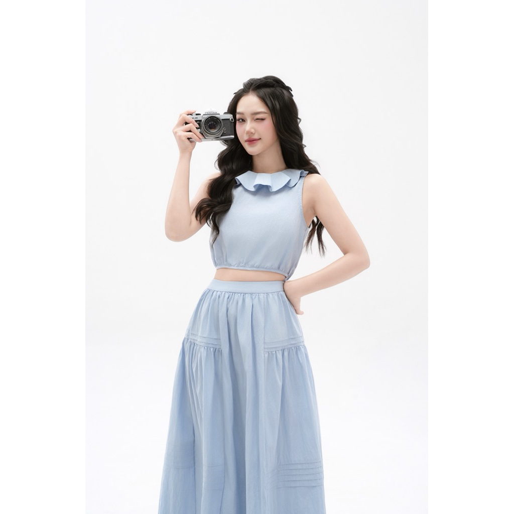 Set Bộ Nữ MORAN MA003 Áo Tanktop Viền Bèo Chân Váy Midi Tiểu Thư Mùa Hè