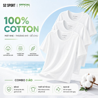 COMBO 3 Áo thun nam S2 SPORT áo tshirt ngắn tay trắng trơn lót trong 100% cotton thoáng mát SC22.CB3