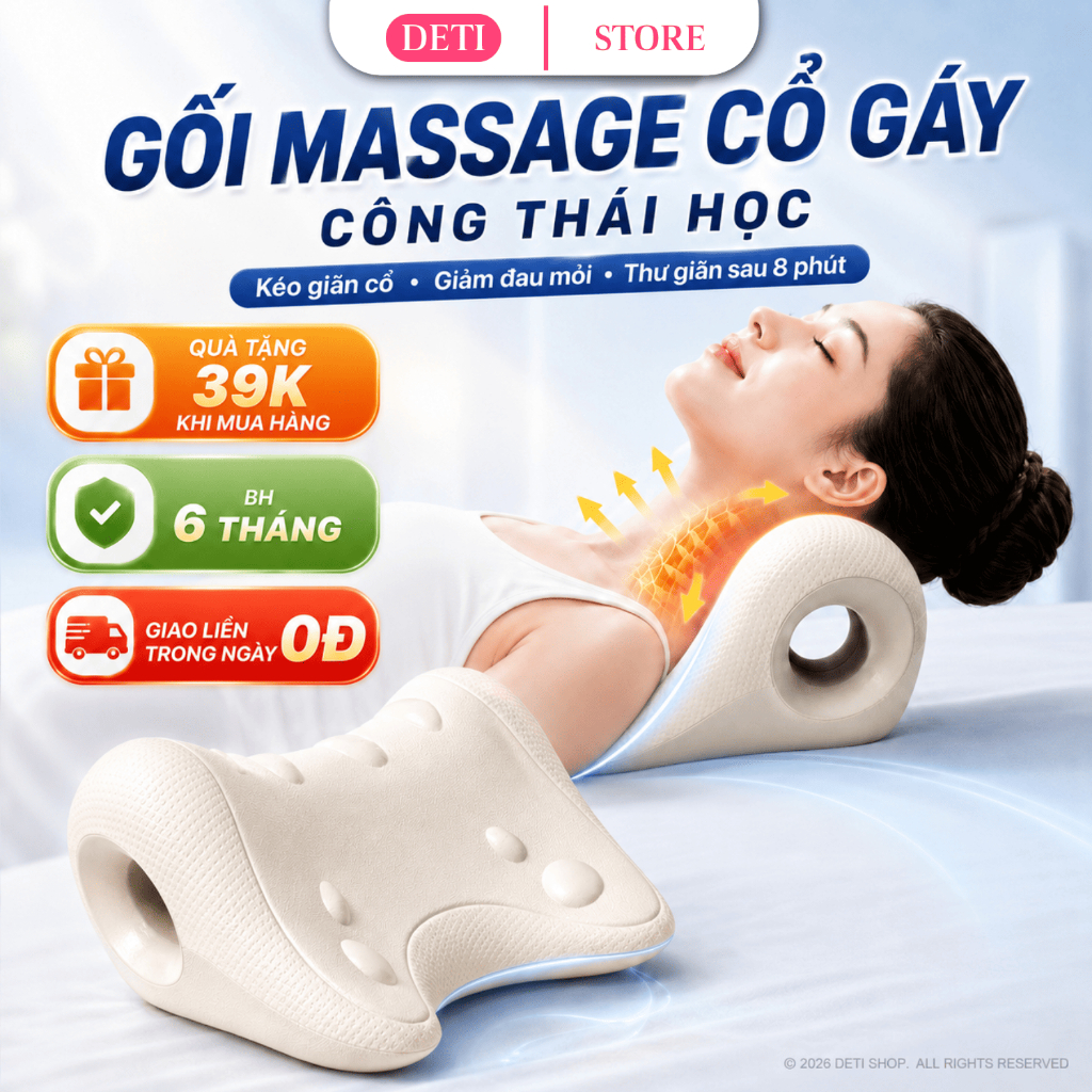 Gối Massage Cổ Gáy Tại Nhà Công Thái Học DETI Giúp Kéo Dãn Đốt Sống Cổ, Thư Giãn, Giảm Đau Mỏi Cổ Vai Gáy Hiệu Quả