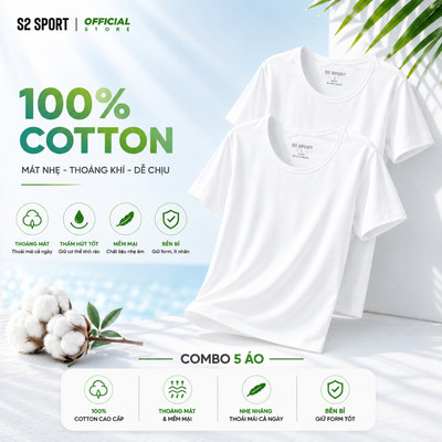 COMBO 5 Áo thun nam trắng trơn S2 SPORT kiểu lót trong Cotton thoáng mát thấm hút mồ hôi SC22.CB5