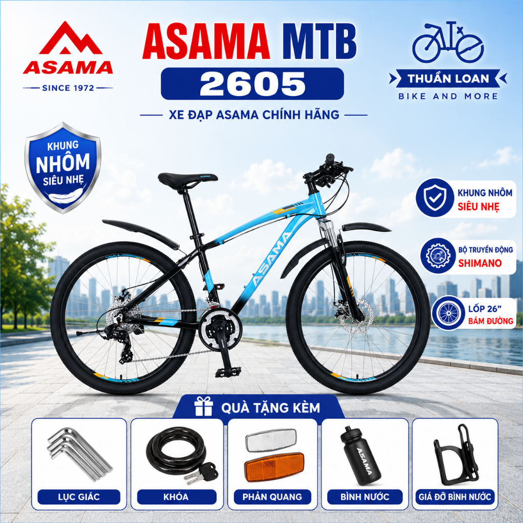 Xe Đạp Thể Thao Asama MTB 2605 Phiên Bản Mới Nhất 2026. Tặng Kèm 3 Món Phụ Kiện Cao Cấp