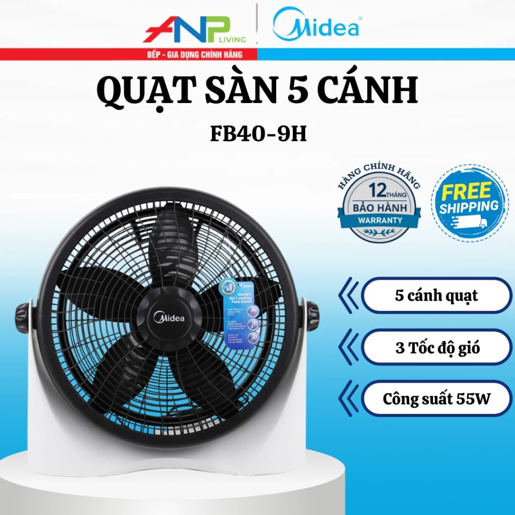 Quạt Sàn Midea FB40-9H 55W 5 Cánh 3 Tốc Độ Gió mạnh, Dùng Gia Đình Bền Bỉ