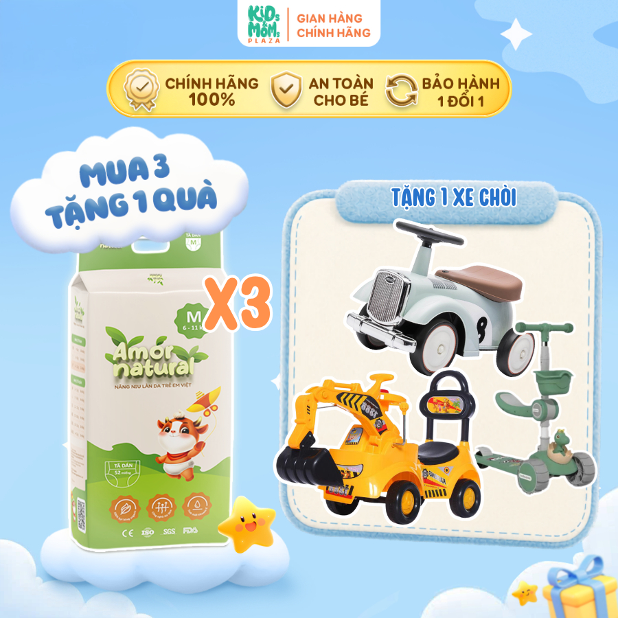 (3A) [COMBO SIÊU XE] COMBO 3 bịch tã/bỉm Amor Natural Việt thấm nhanh, thoáng mát đủ size NB/S/M/L/X