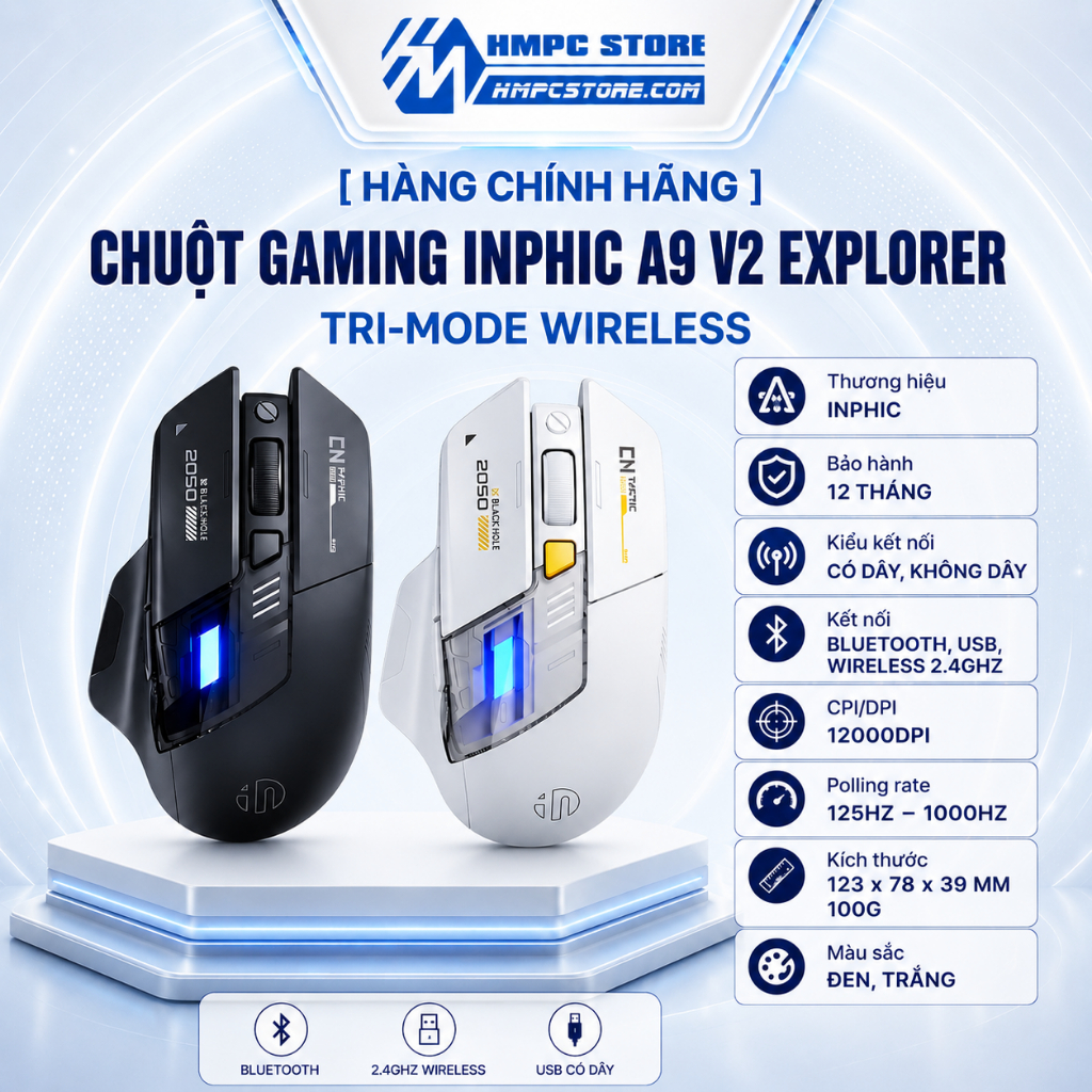 [ Hàng chính hãng ] Chuột Gaming INPHIC A9 V2 Explorer Tri-Mode Wireless | Đen - Trắng | Bảo hành 12