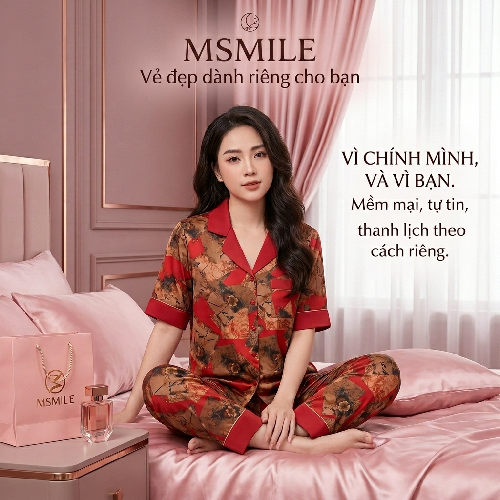 Bộ mặc nhà nữ ngắn tay lụa Satin cao cấp MSMILE, set pijama đồ ngủ lụa mềm mại, thoáng mát - BD361