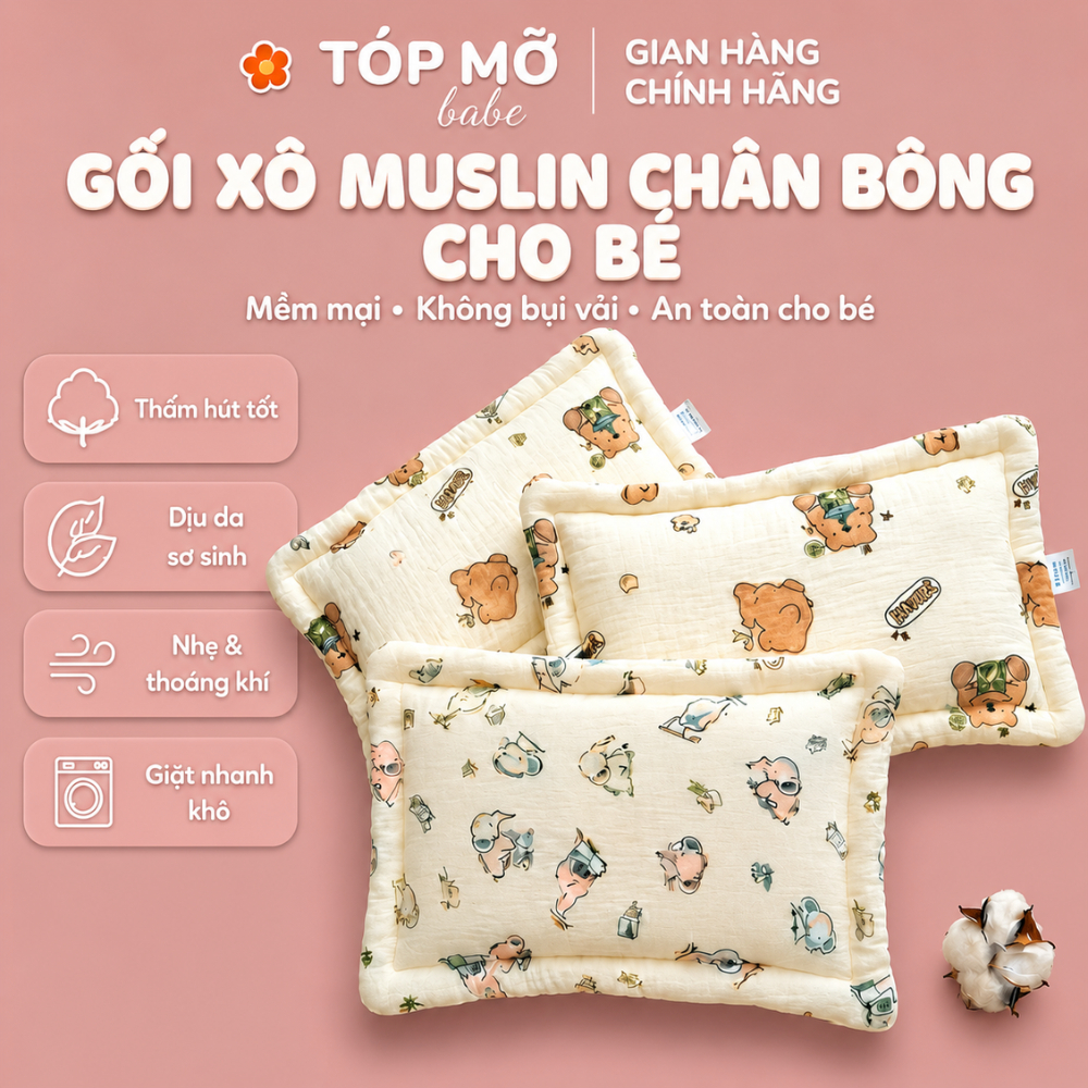 Gối xô sơ sinh chần bông muslin cho bé, gối xô cho bé, gối xô sơ sinh, thấm…