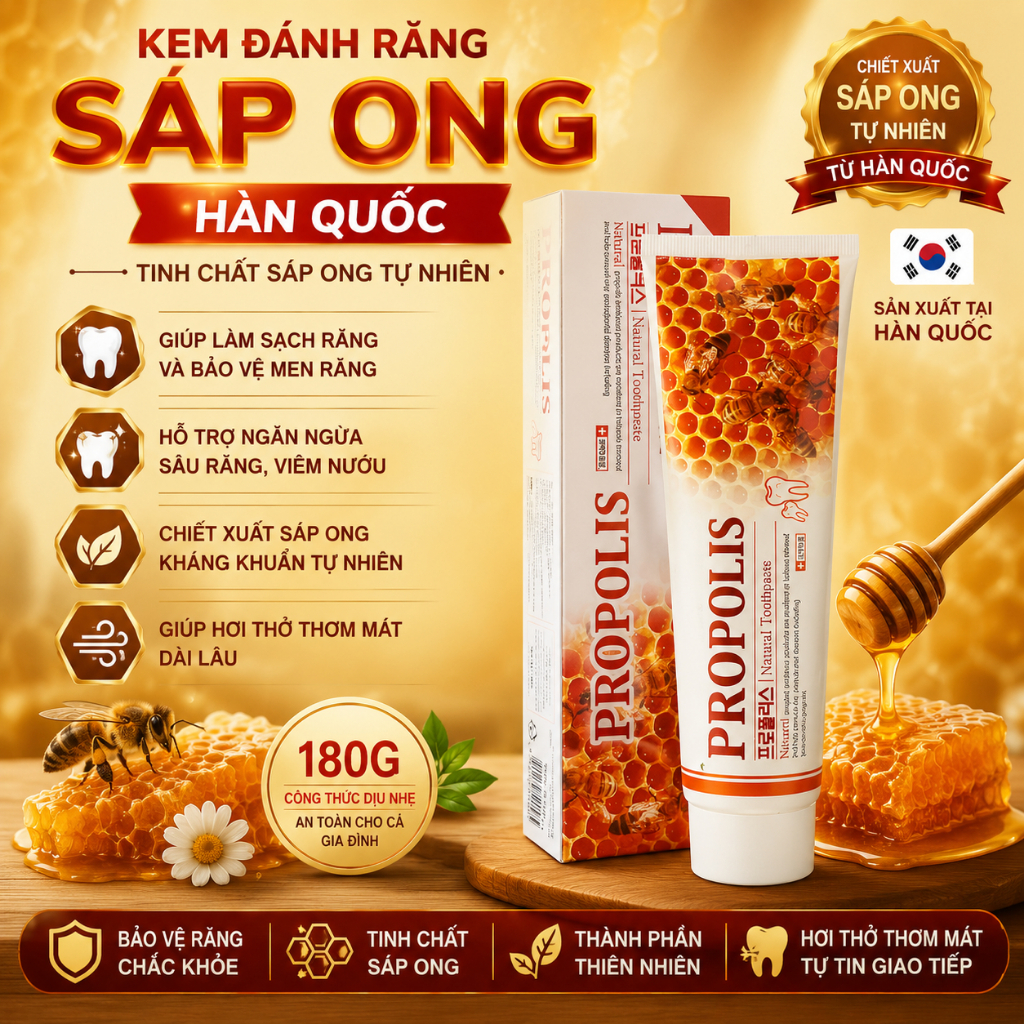 Kem Đánh Răng Sáp Ong Hàn Quốc Propolis 180g – Làm Sạch Răng, Chiết Xuất Tự Nhiên