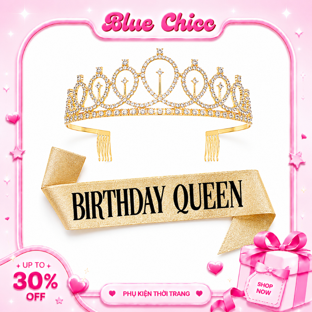 Set Vương Miện & Dây Đeo Sinh Nhật Nữ Sang Trọng,Dây Đeo Birthday Queen Cho Tiệc Party [BLUE CHICC]