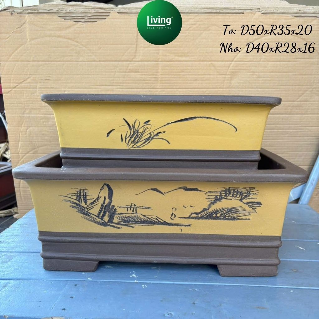 Chậu Bonsai Nghi Hưng Hình Chữ Nhật Vẽ Sơn Thủy Thư Pháp Cao Cấp - Chậu Gốm Tàu Trồng Cây Cảnh Bonsa