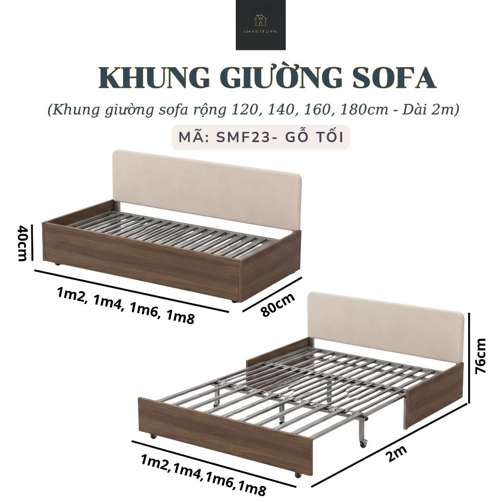 Khung giường sofa gấp gọn SmartFurni (Không nệm) SMF23 - Khung thép, dành cho nệm bông ép 3 khúc