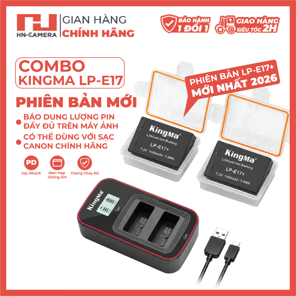 BỘ SẠC VÀ 2 PIN KINGMA LP-E17 BẢN MỚI PLUS+ CHÍNH HÃNG CHO MÁY ẢNH CANON ( BẢN MỚI 2026)