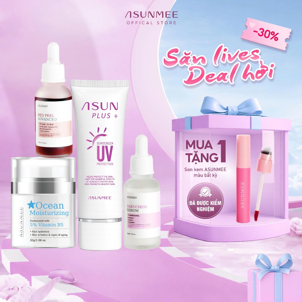 Combo 4 sản phẩm bảo vệ và tái tạo da Asunmee, Kem chống nắng, Red Peel, Bakuchiol Serum, Ocen Moist