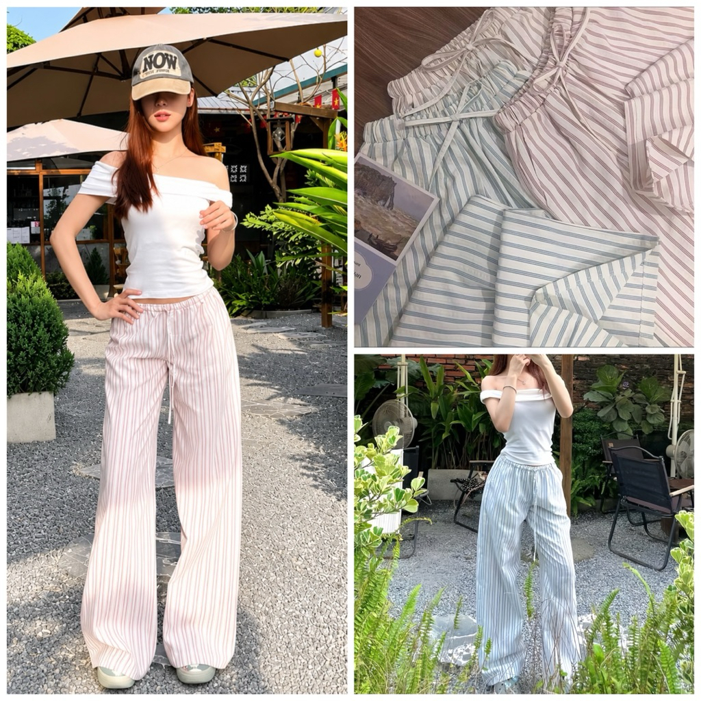 Quần kẻ sọc ống suôn rộng linen siêu hack dáng - dễ phối , dễ mặc , có túi bên