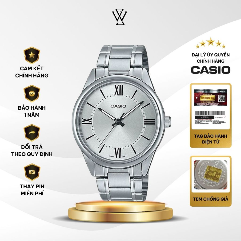 Đồng Hồ Casio Nam MTP-V005D-7B5UDF Màu Bạc Kim Trắng Dạ Quang Kính Khoáng 40mm Chống Nước Dây Kim Lo