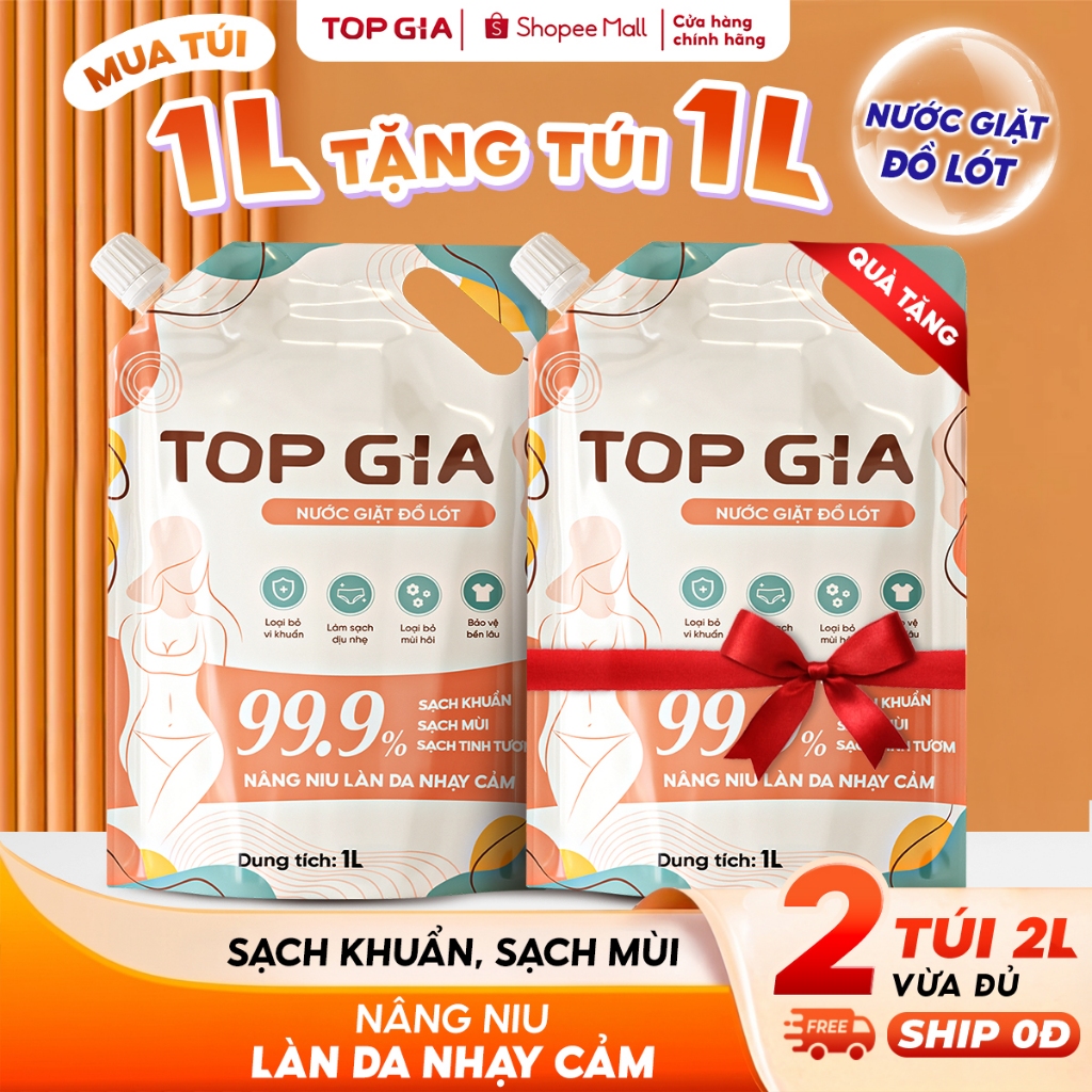 [MUA 1L TẶNG 1L] Nước Giặt Đồ Lót TopGia Dịu Nhẹ Cho Da, Sạch Mùi Hôi, Nano Bạc Kháng Khuẩn, Túi 1L