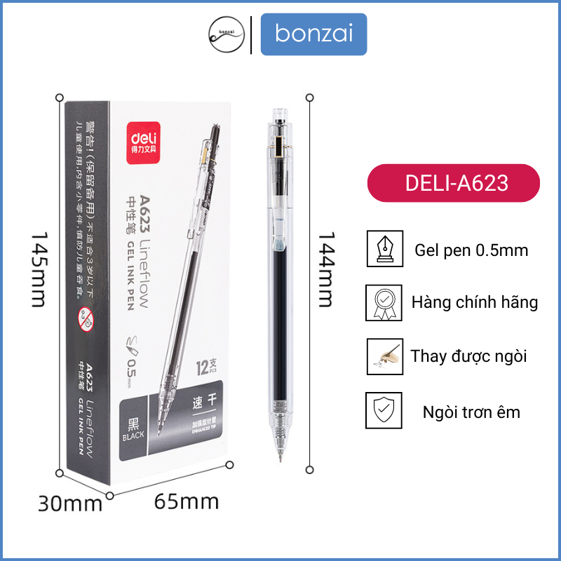 Bút gel Deli A623 thiết kế trong suốt ngòi 0,5mm mực đen nhanh khô viết êm trơn