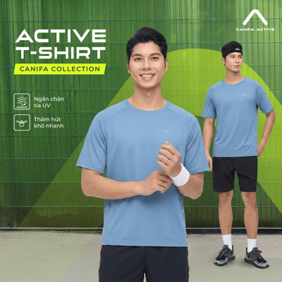 Áo phông active nam CANIFA cổ tròn ngắn tay, chất liệu co giãn thoải mái hoạt động thể thao | Wicking CANIFA 8TS26S005