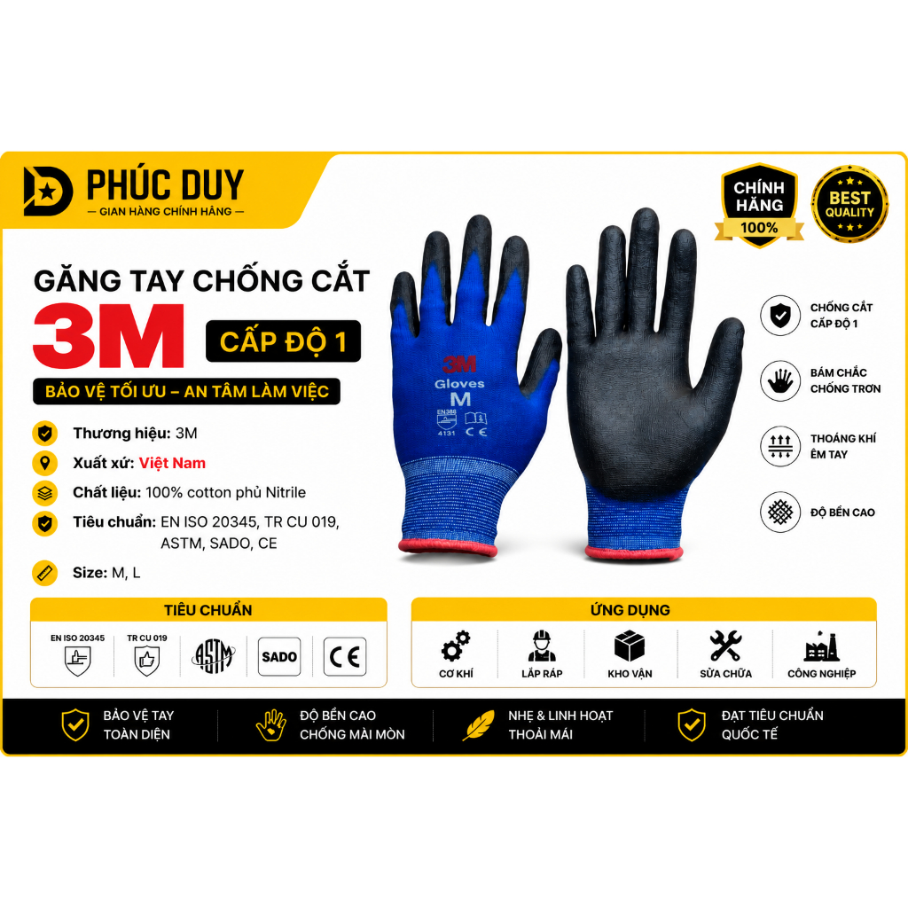 🥇 GĂNG TAY CHỐNG CẮT 3M CẤP ĐỘ 1 Phủ PU • EN388:4131 • Chính Hãng