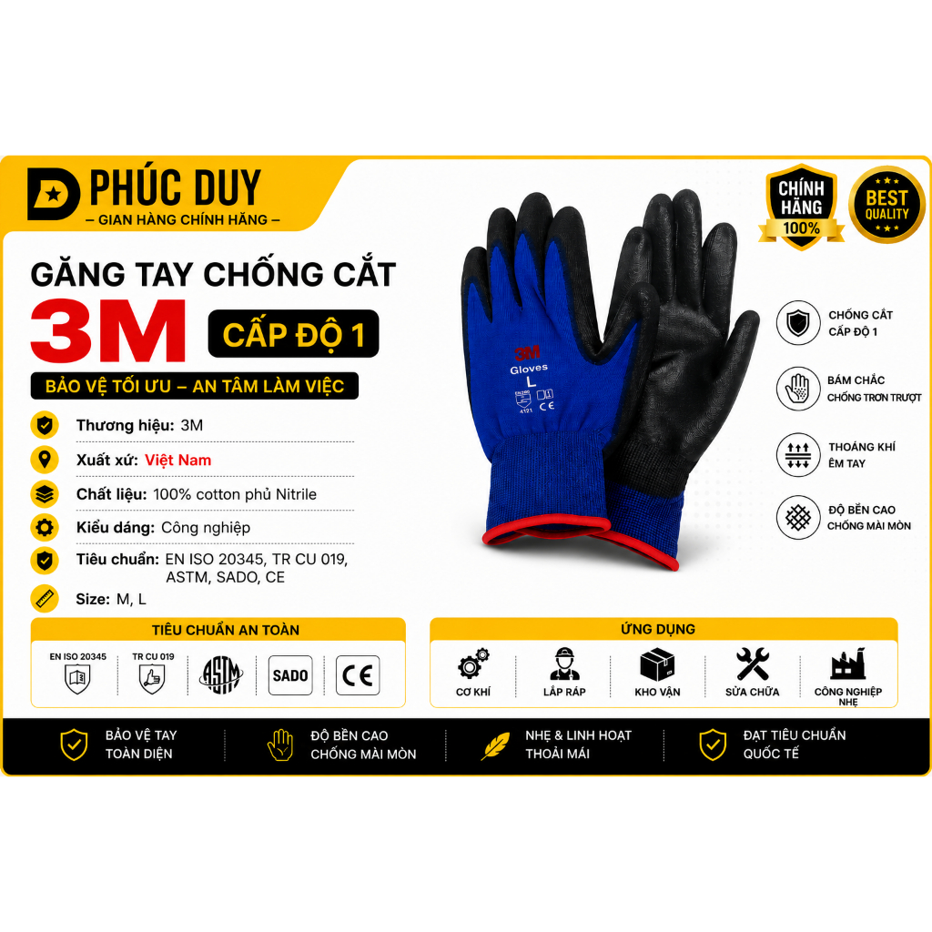 🥇 GĂNG TAY CHỐNG CẮT 3M CẤP ĐỘ 1 Phủ PU • EN388:4131 • Chính Hãng